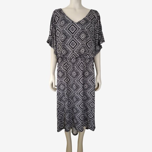 NY Collection Black White Geometric Tile Print Bat Sleeve Blouson Dress - Picture 1 of 11